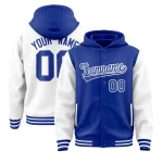 Custom Royal White Raglan Sleeves Varsity Full-Snap Letterman Two Tone Jacket Hoodie