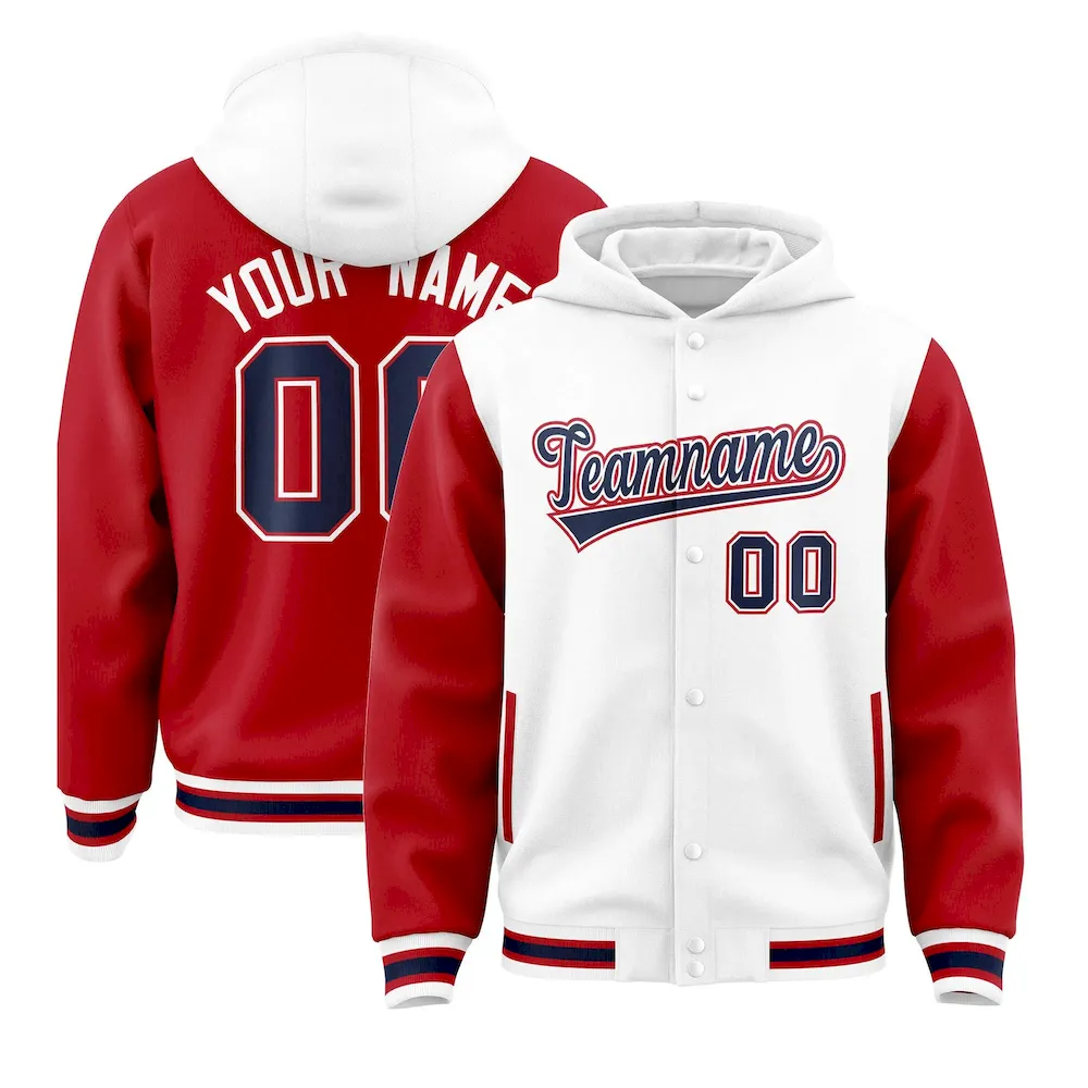 Custom White Red Raglan Sleeves Varsity Full-Snap Letterman Two Tone Jacket Hoodie