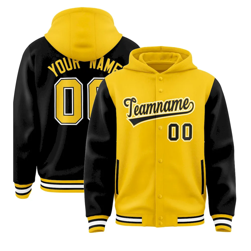 Custom Gold Black Raglan Sleeves Varsity Full-Snap Letterman Two Tone Jacket Hoodie
