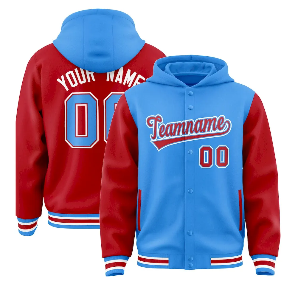 Custom Powder Blue Red Raglan Sleeves Varsity Full-Snap Letterman Two Tone Jacket Hoodie