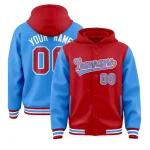Custom Red Powder Blue Raglan Sleeves Varsity Full-Snap Letterman Two Tone Jacket Hoodie