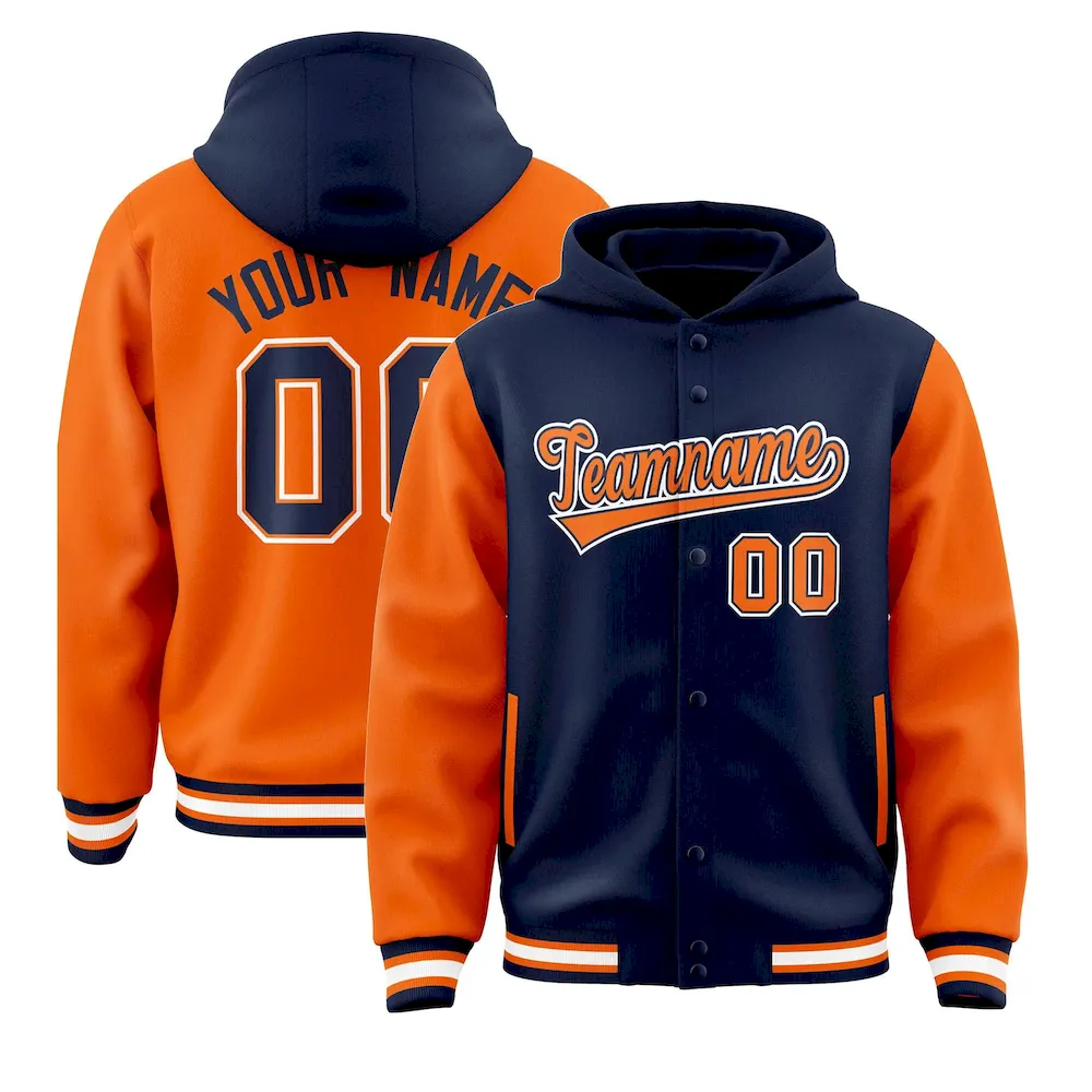 Custom Navy Orange Raglan Sleeves Varsity Full-Snap Letterman Two Tone Jacket Hoodie