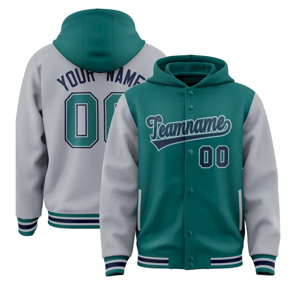 Custom Aqua Gray Raglan Sleeves Varsity Full-Snap Letterman Two Tone Jacket Hoodie