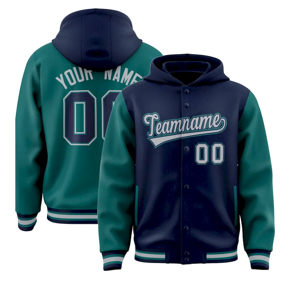 Custom Navy Orange Raglan Sleeves Varsity Full-Snap Letterman Two Tone Jacket Hoodie