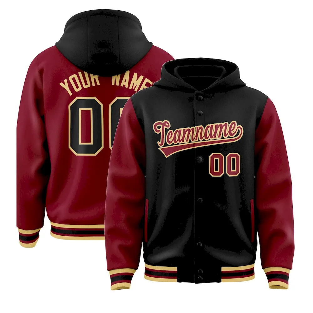 Custom Khaki Crimson Raglan Sleeves Varsity Full-Snap Letterman Two Tone Jacket Hoodie