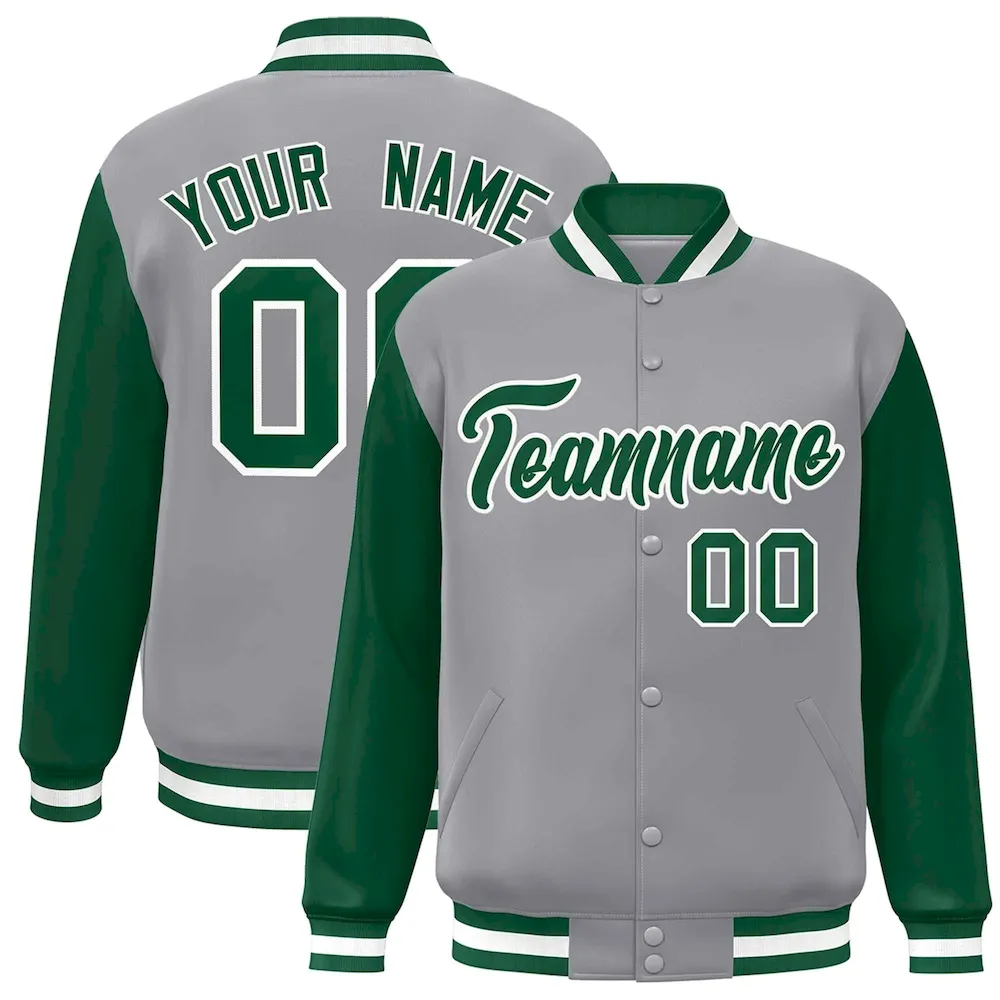 Custom Gray Green-White Raglan Sleeves Varsity Full-Snap Letterman Jacket