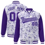 Custom Purple White Maple Leaf Raglan Sleeves Bomber Graffiti Pattern Varsity Jacket