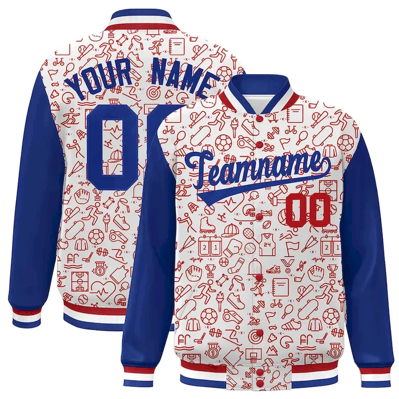 Custom White Royal-Red Line Graffiti Pattern Varsity Raglan Sleeves Letterman Baseball Jacket