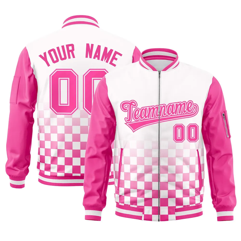 Custom White Pink Grid Varsity Full-Zip Color Block Letterman Raglan Sleeve Jacket