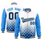 Custom White Navy-Powder Blue Grid Varsity Full-Zip Color Block Letterman Raglan Sleeve Jacket