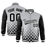 Custom Gray Black-White Grid Varsity Full-Zip Color Block Letterman Raglan Sleeve Jacket
