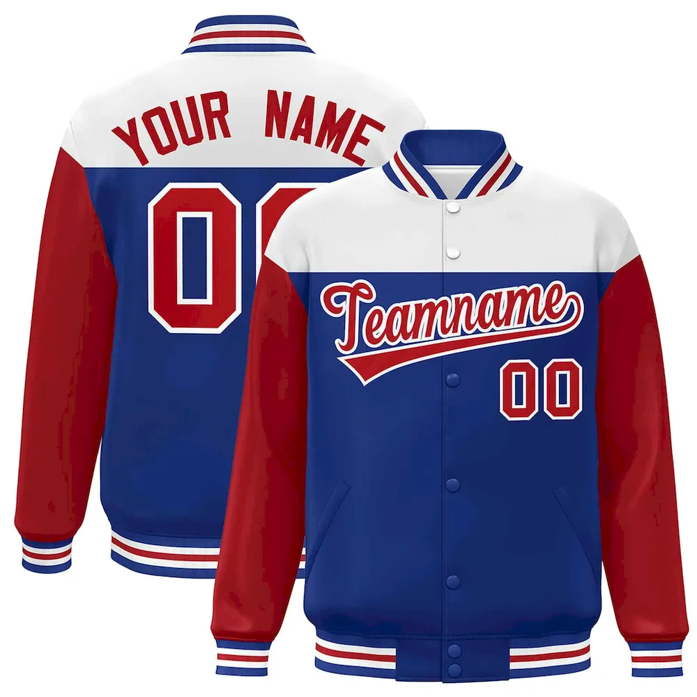 Custom White Royal-Red Letterman Color Block Varsity Full-Snap Baseball Jacket