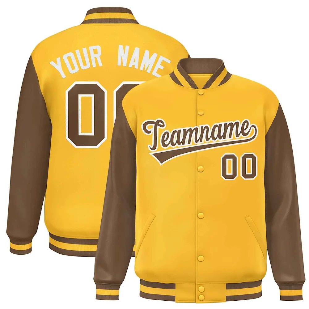 Custom White Light Brown-Gold Varsity Full-Snap Raglan Sleeves Letterman Baseball Jacket