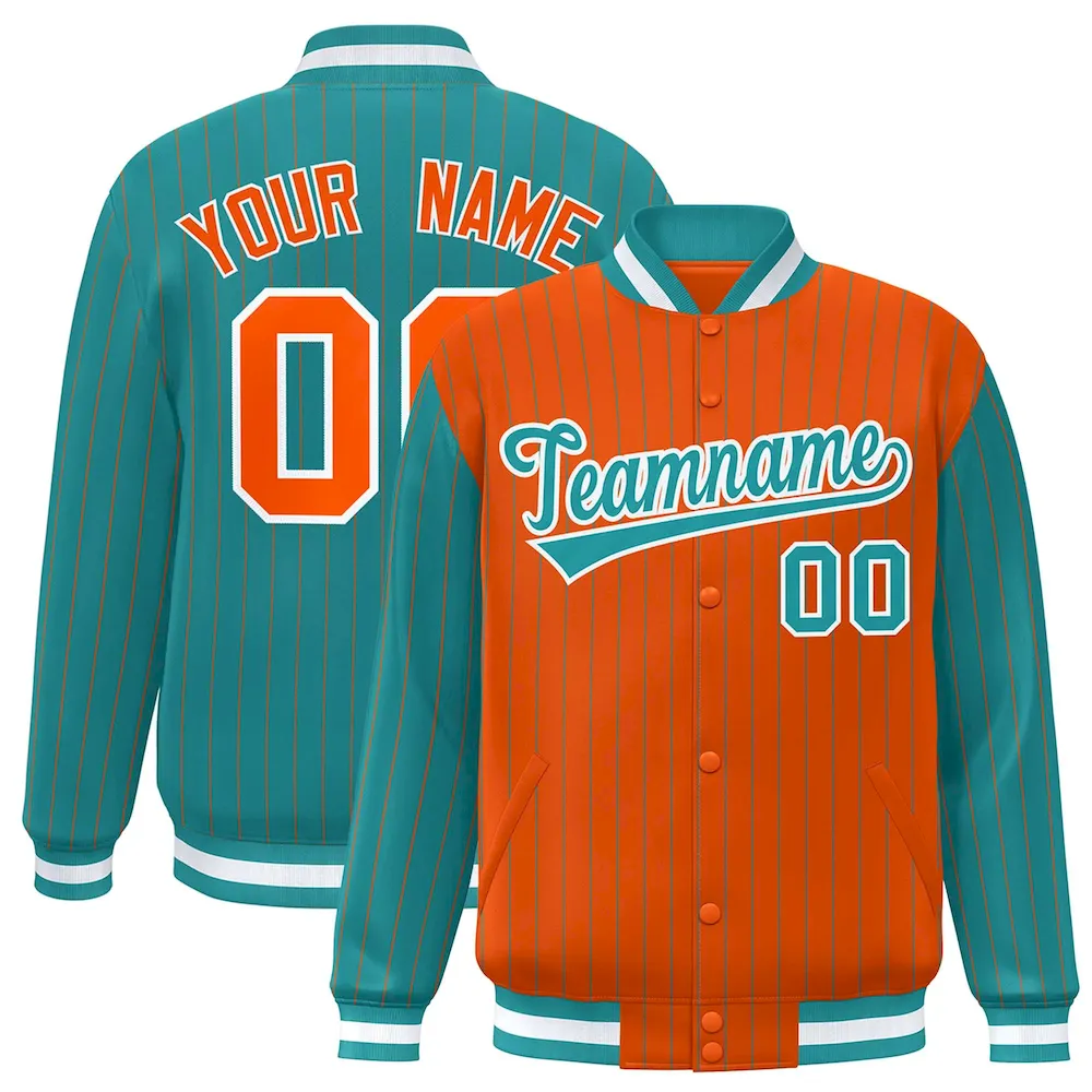 Custom Aqua Orange Raglan Sleeves Varsity Full-Snap Pinstripe Letterman Baseball Jacket