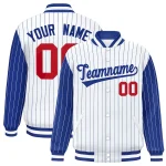 Custom White Purple Raglan Sleeves Varsity Full-Snap Pinstripe Letterman Baseball Jacket