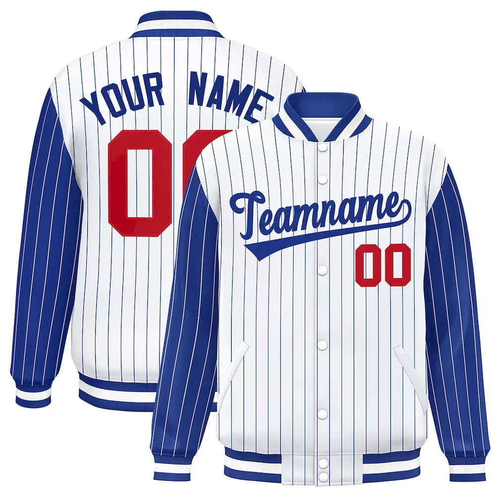 Custom White Purple Raglan Sleeves Varsity Full-Snap Pinstripe Letterman Baseball Jacket