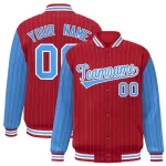 Custom Red Powder Blue Raglan Sleeves Varsity Full-Snap Pinstripe Letterman Baseball Jacket