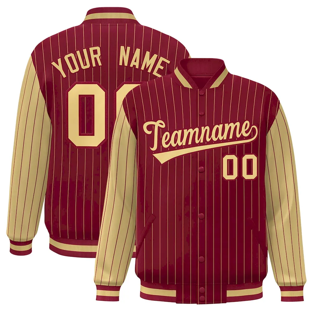 Custom Crimson Khaki Raglan Sleeves Varsity Full-Snap Pinstripe Letterman Baseball Jacket