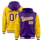 Custom Purple Gold Raglan Sleeves Varsity Full-Snap Letterman Two Tone Jacket Hoodie
