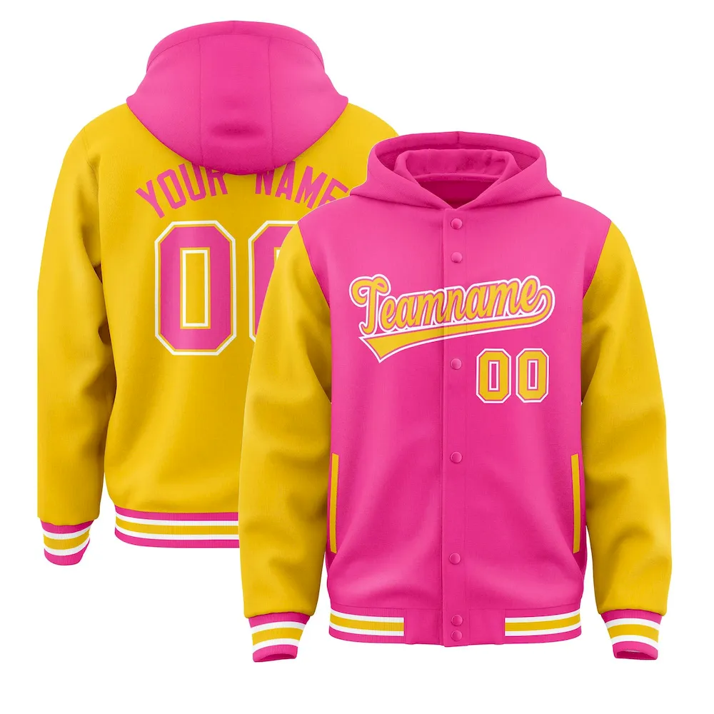 Custom Pink Gold Raglan Sleeves Varsity Full-Snap Letterman Two Tone Jacket Hoodie