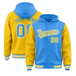 Custom Powder Blue Gold Raglan Sleeves Varsity Full-Snap Letterman Two Tone Jacket Hoodie