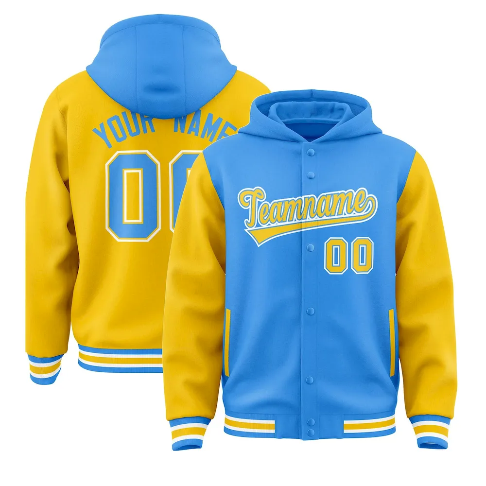 Custom Powder Blue Gold Raglan Sleeves Varsity Full-Snap Letterman Two Tone Jacket Hoodie