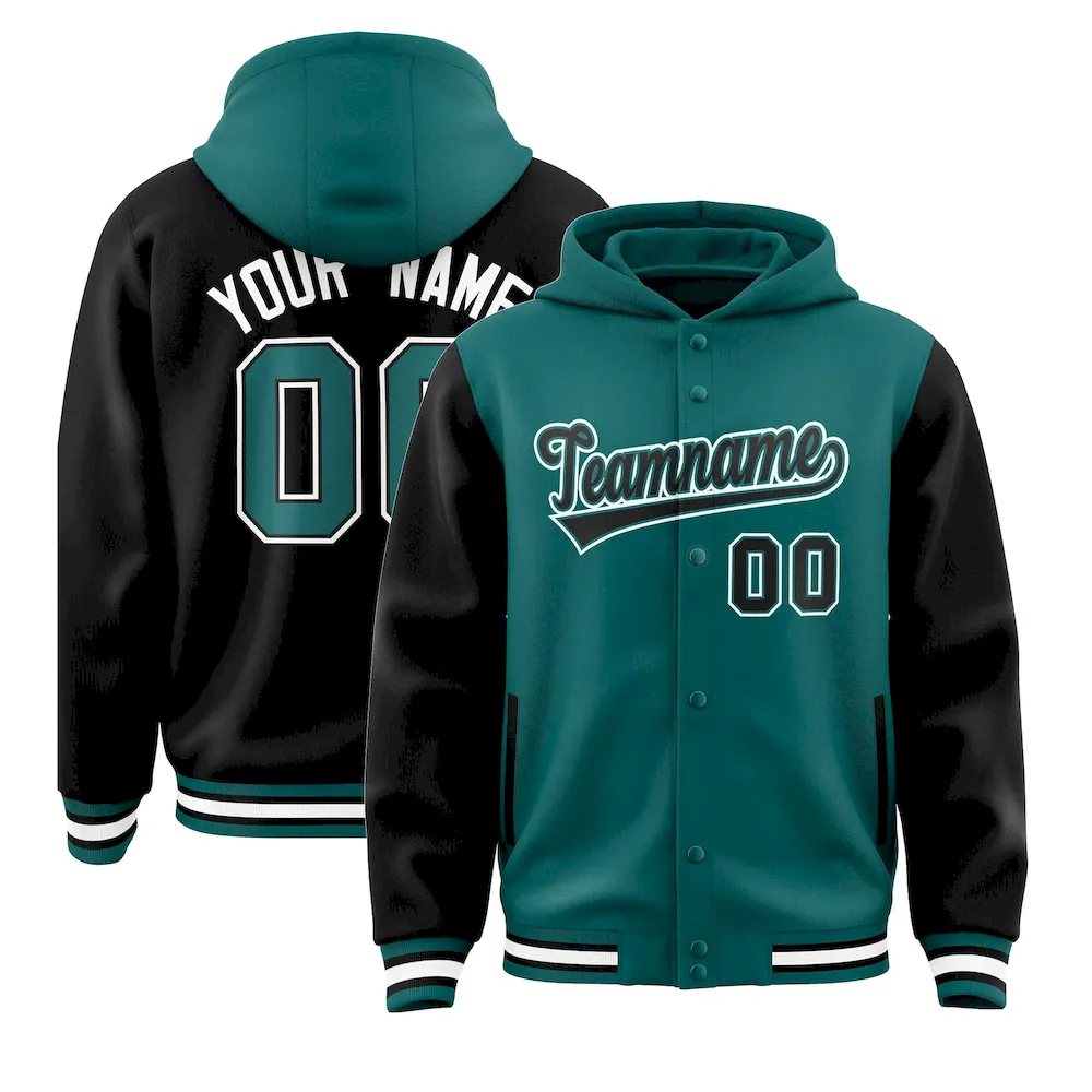 Custom Aqua Black Raglan Sleeves Varsity Full-Snap Letterman Two Tone Jacket Hoodie