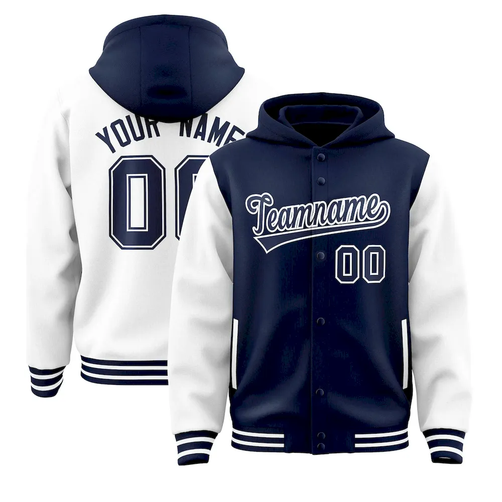 Custom Navy White Raglan Sleeves Varsity Full-Snap Letterman Two Tone Jacket Hoodie