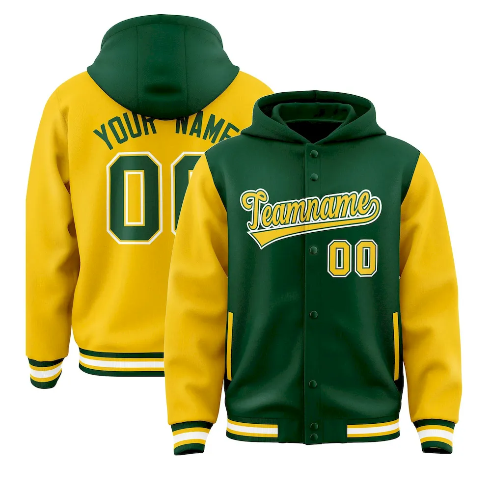 Custom Green Gold Raglan Sleeves Varsity Full-Snap Letterman Two Tone Jacket Hoodie