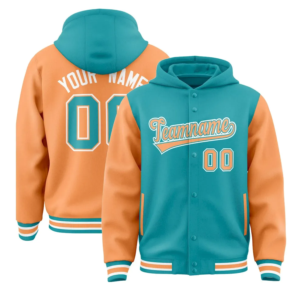 Custom Aqua Orange Raglan Sleeves Varsity Full-Snap Letterman Two Tone Jacket Hoodie