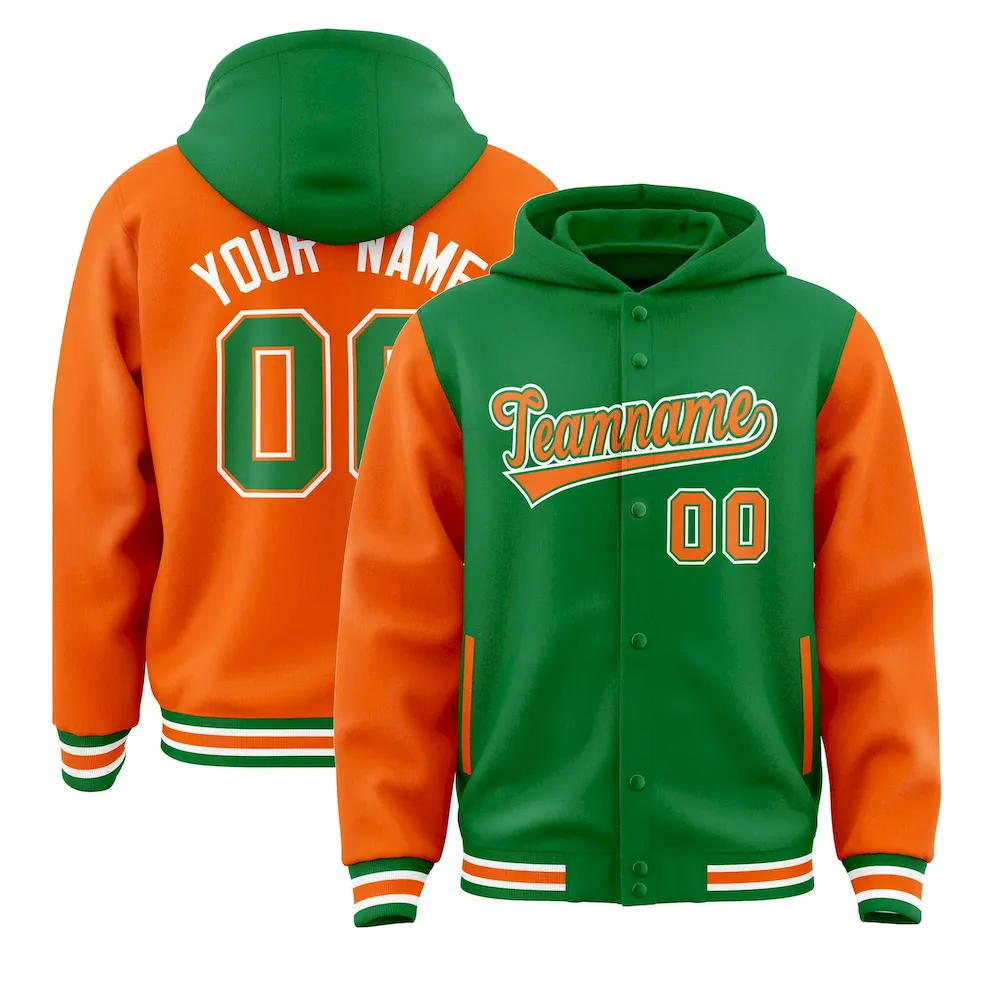 Custom Kelly Green Orange Raglan Sleeves Varsity Full-Snap Letterman Two Tone Jacket Hoodie