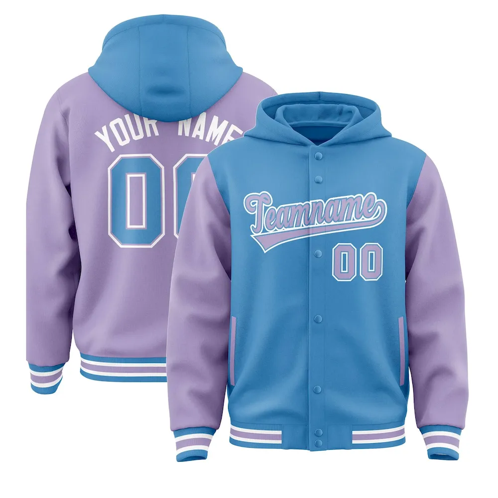 Custom Powder Blue Light Purple Raglan Sleeves Varsity Full-Snap Letterman Two Tone Jacket Hoodie