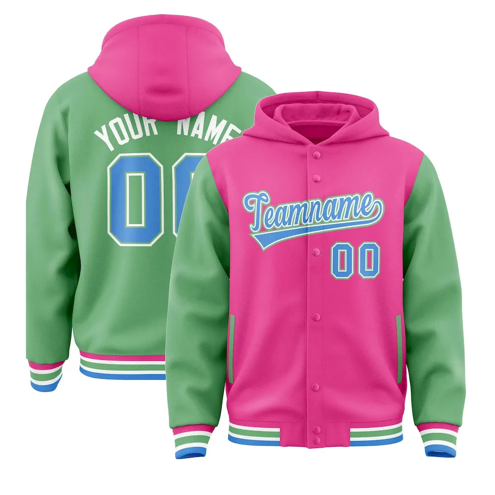 Custom Pink Green Raglan Sleeves Varsity Full-Snap Letterman Two Tone Jacket Hoodie