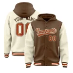 Custom Light Brown Cream Raglan Sleeves Varsity Full-Snap Letterman Two Tone Jacket Hoodie
