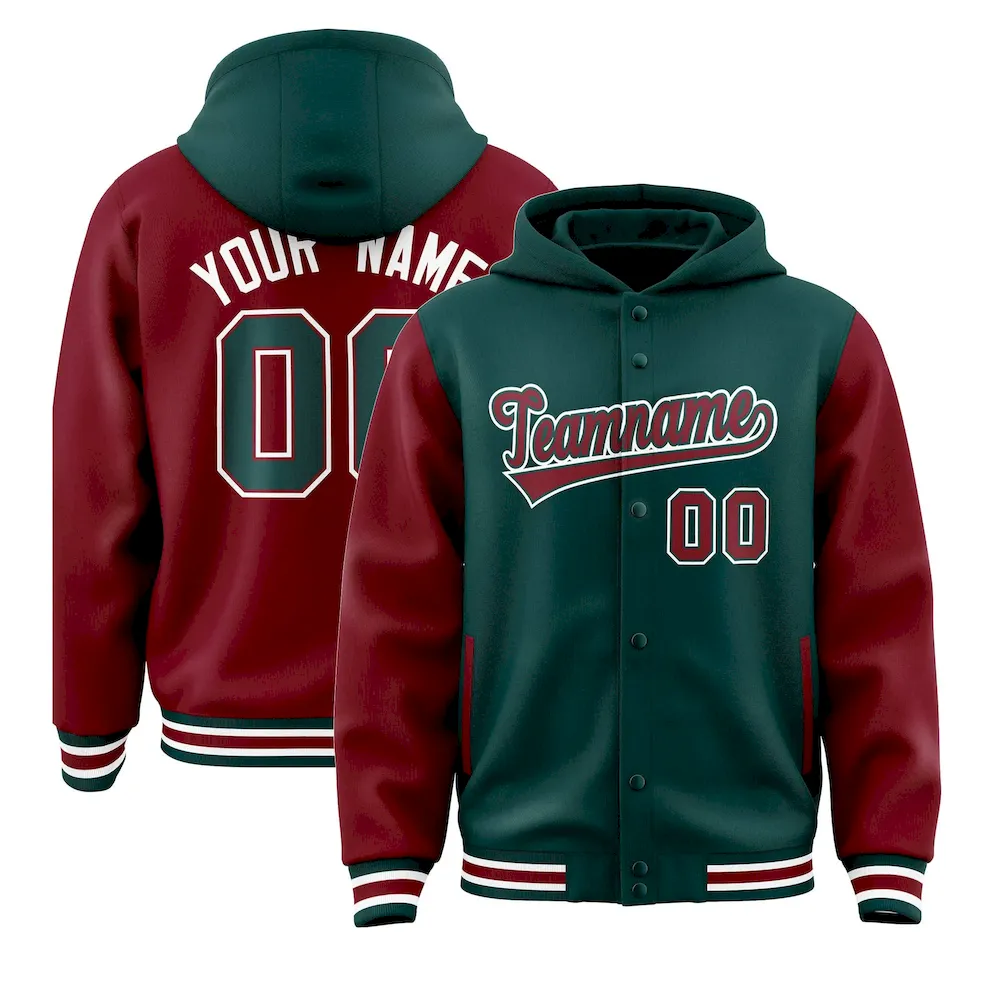 Custom Midnight Green Crimson Raglan Sleeves Varsity Full-Snap Letterman Two Tone Jacket Hoodie