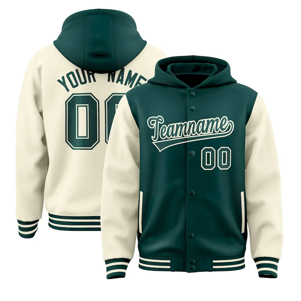Custom Midnight Green Cream Raglan Sleeves Varsity Full-Snap Letterman Two Tone Jacket Hoodie