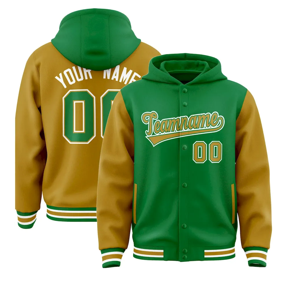 Custom Kelly Green Old Gold Raglan Sleeves Varsity Full-Snap Letterman Two Tone Jacket Hoodie