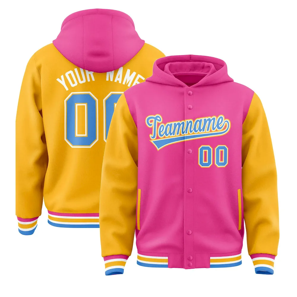 Custom Pink Gold Raglan Sleeves Varsity Full-Snap Letterman Two Tone Jacket Hoodie