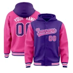 Custom Purple Pink Raglan Sleeves Varsity Full-Snap Letterman Two Tone Jacket Hoodie