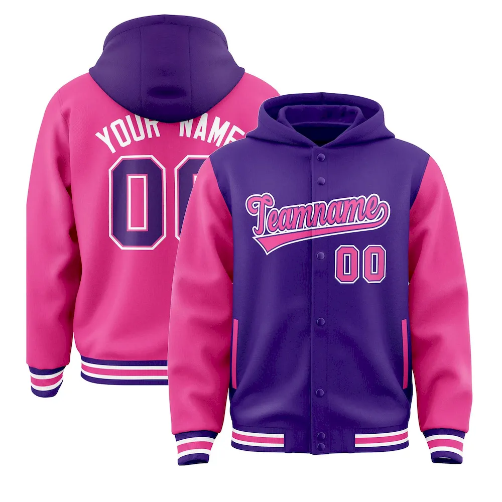 Custom Purple Pink Raglan Sleeves Varsity Full-Snap Letterman Two Tone Jacket Hoodie
