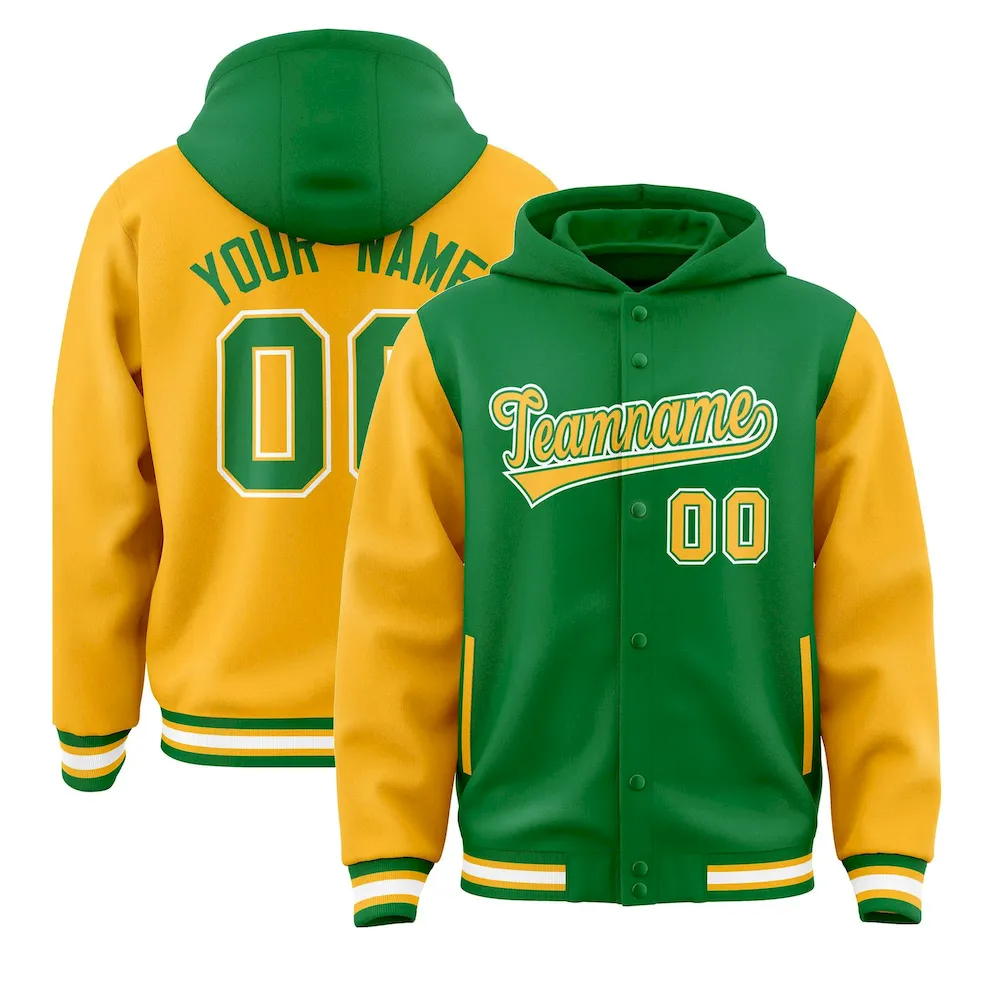 Custom Kelly Green Gold Raglan Sleeves Varsity Full-Snap Letterman Two Tone Jacket Hoodie