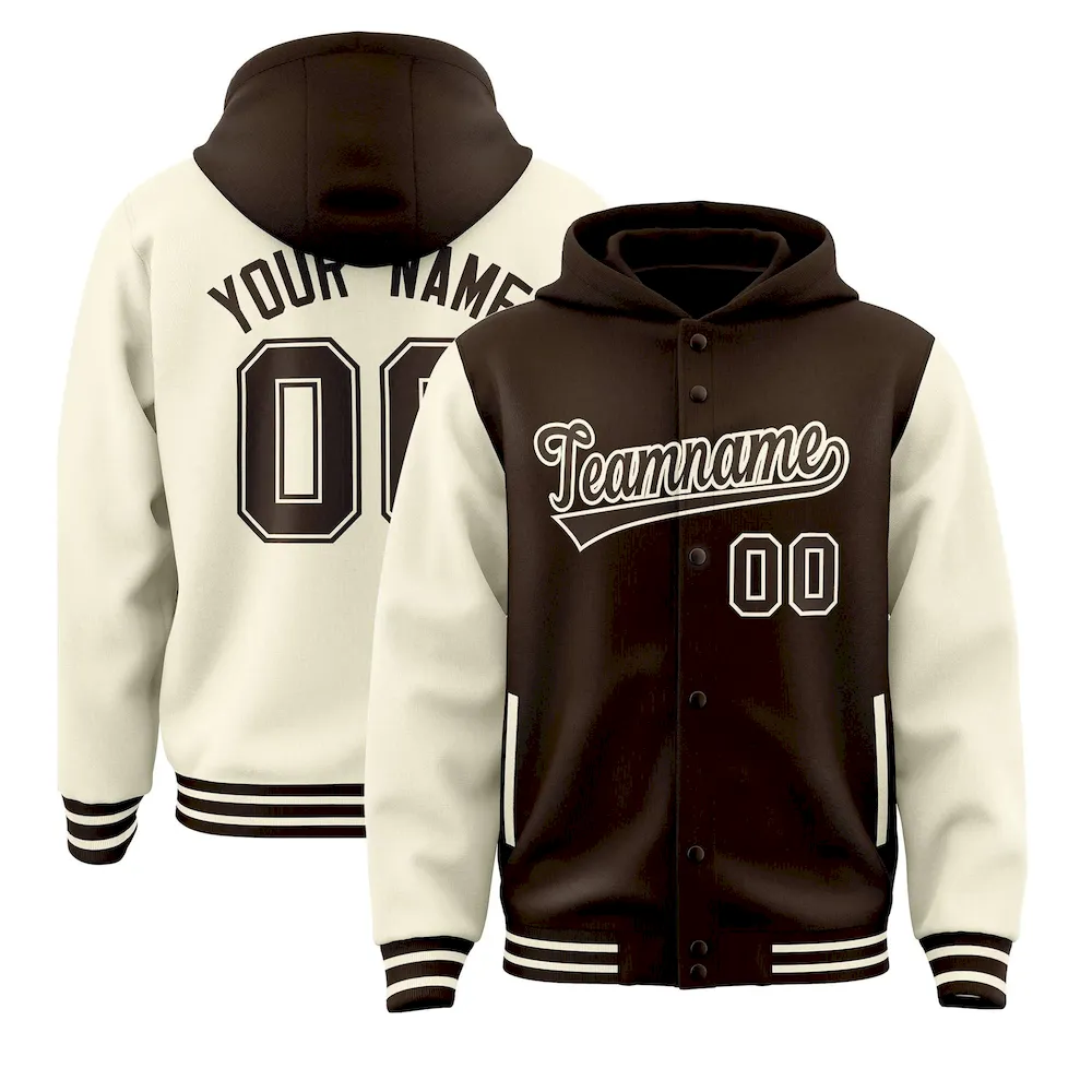 Custom Brown Cream Raglan Sleeves Varsity Full-Snap Letterman Two Tone Jacket Hoodie