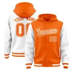 Custom Orange White Raglan Sleeves Varsity Full-Snap Letterman Two Tone Jacket Hoodie