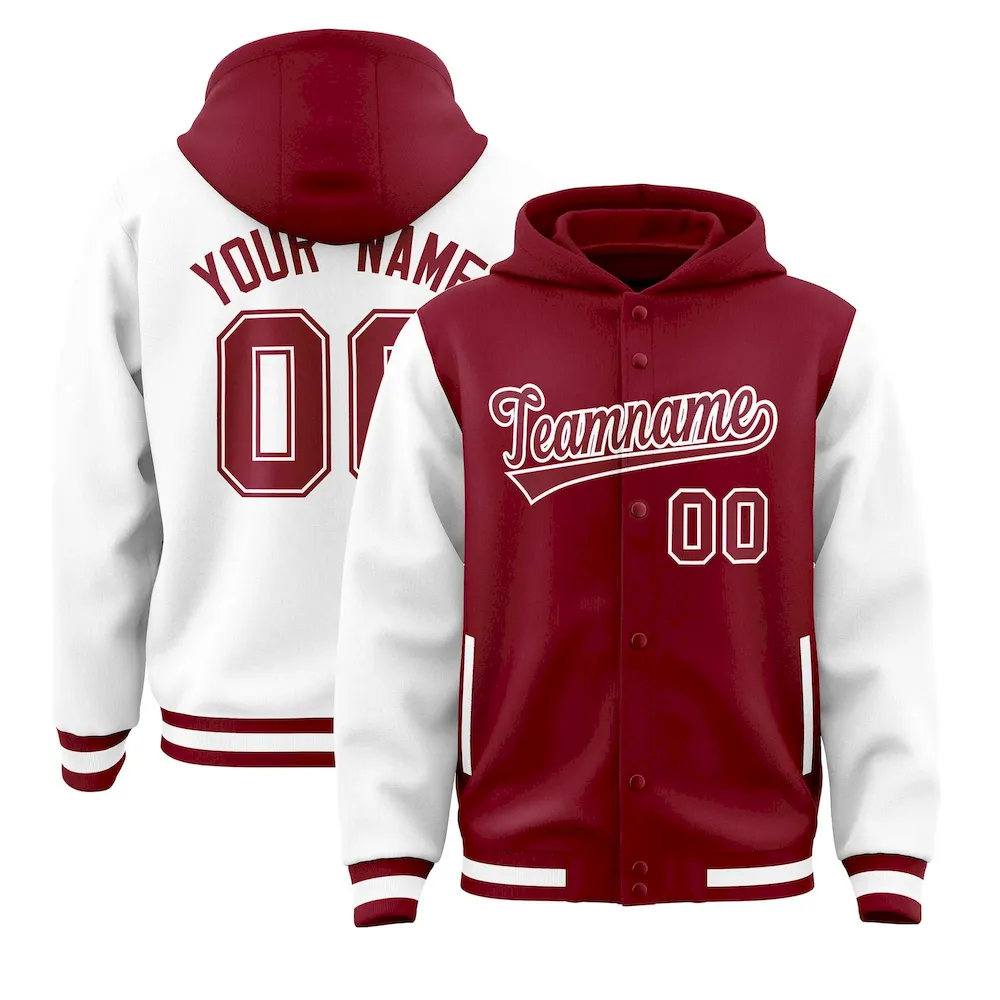 Custom Crimson White Raglan Sleeves Varsity Full-Snap Letterman Two Tone Jacket Hoodie