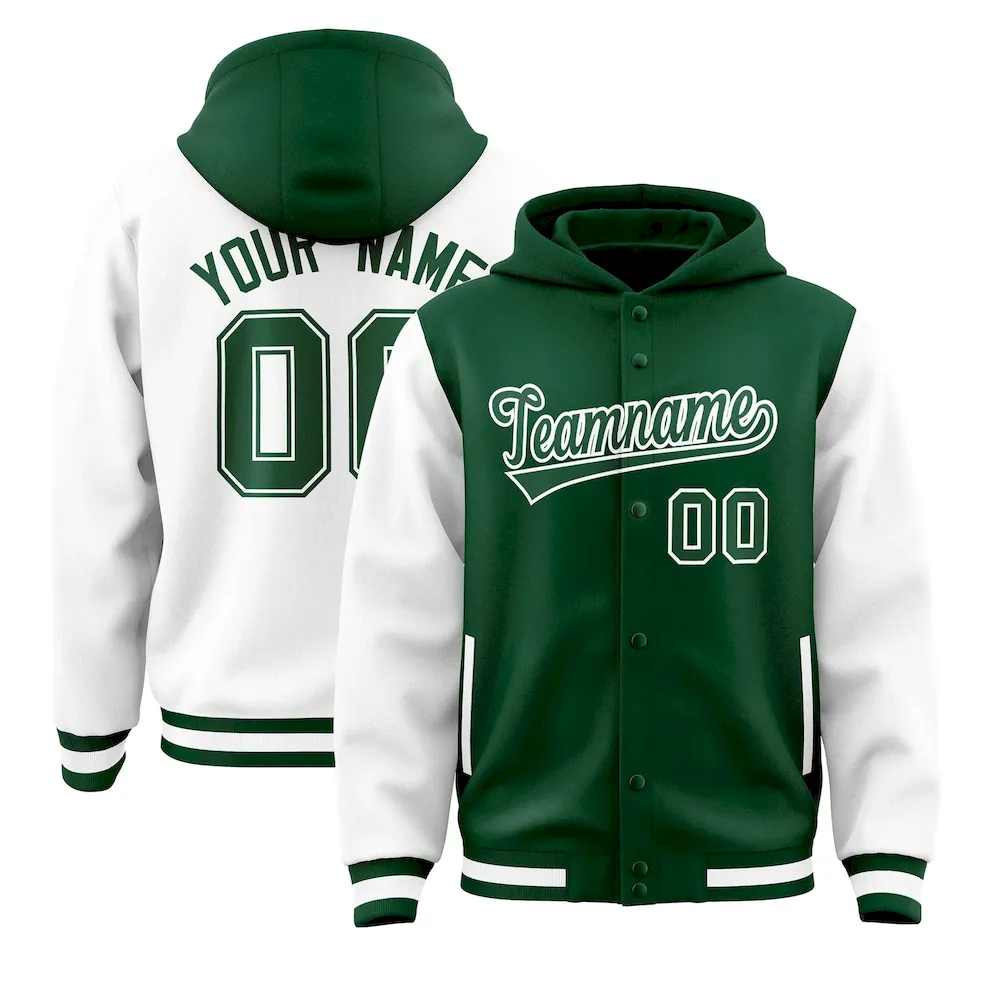 Custom Green White Raglan Sleeves Varsity Full-Snap Letterman Two Tone Jacket Hoodie