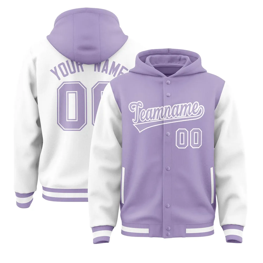 Custom Light Purple White Raglan Sleeves Varsity Full-Snap Letterman Two Tone Jacket Hoodie