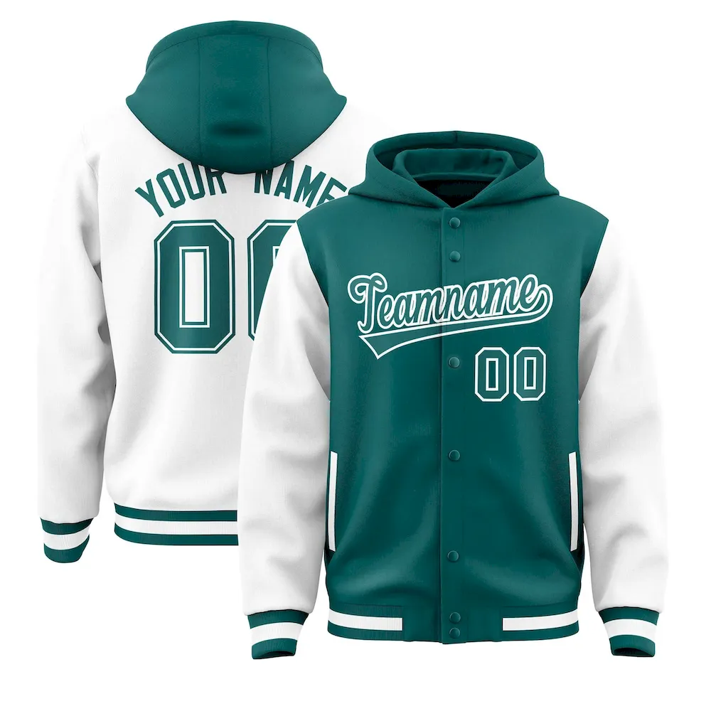 Custom Aqua White Raglan Sleeves Varsity Full-Snap Letterman Two Tone Jacket Hoodie