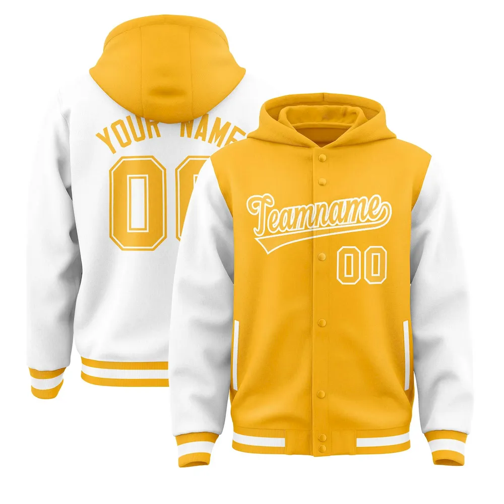 Custom Gold White Raglan Sleeves Varsity Full-Snap Letterman Two Tone Jacket Hoodie