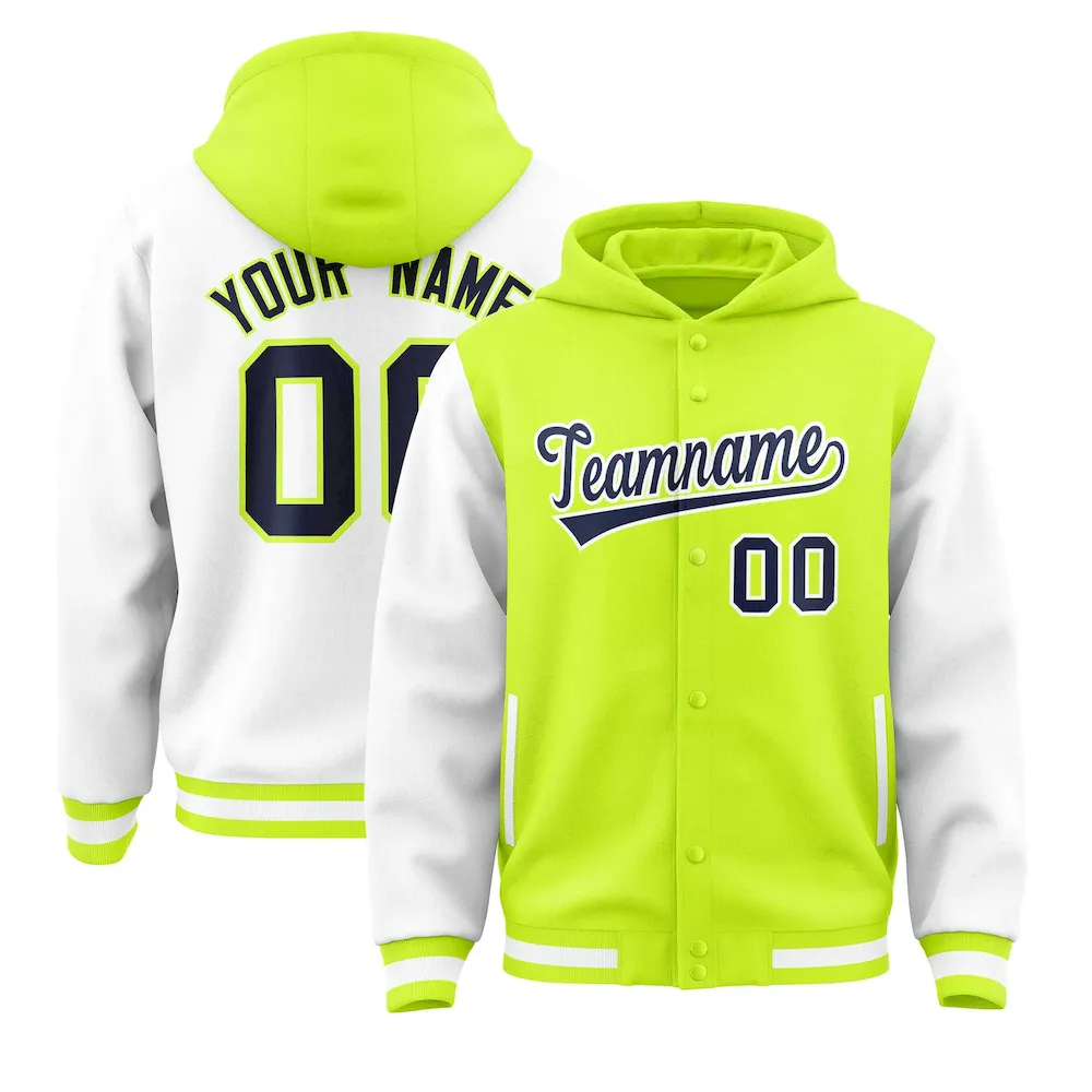 Custom Neon Green White Raglan Sleeves Varsity Full-Snap Letterman Two Tone Jacket Hoodie