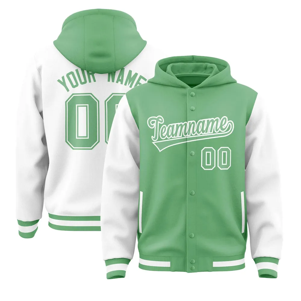 Custom Green White Raglan Sleeves Varsity Full-Snap Letterman Two Tone Jacket Hoodie